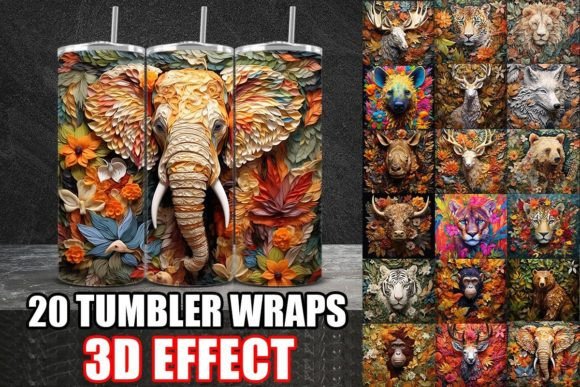3D Vintage Wild Animals Tumbler Wrap Bundle